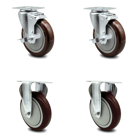 Service Caster 5 Inch Maroon Polyurethane Swivel Top Plate Caster Set with 2 Brakes 2 Rigid SCC SCC-20S514-PPUB-MRN-TLB-2-R514-2